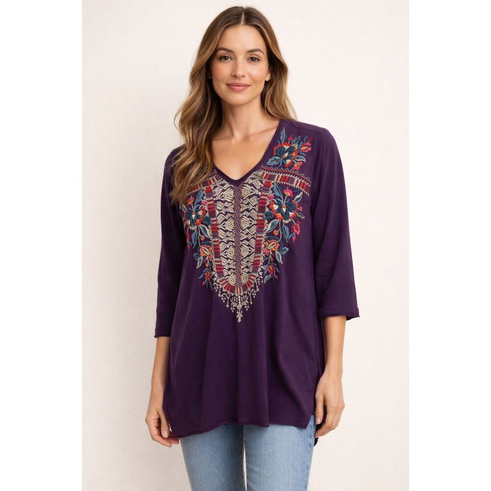 Johnny Was Claude Embroidered Tunic Blouse 3/4 Sleeve Small Artisan Purple Top